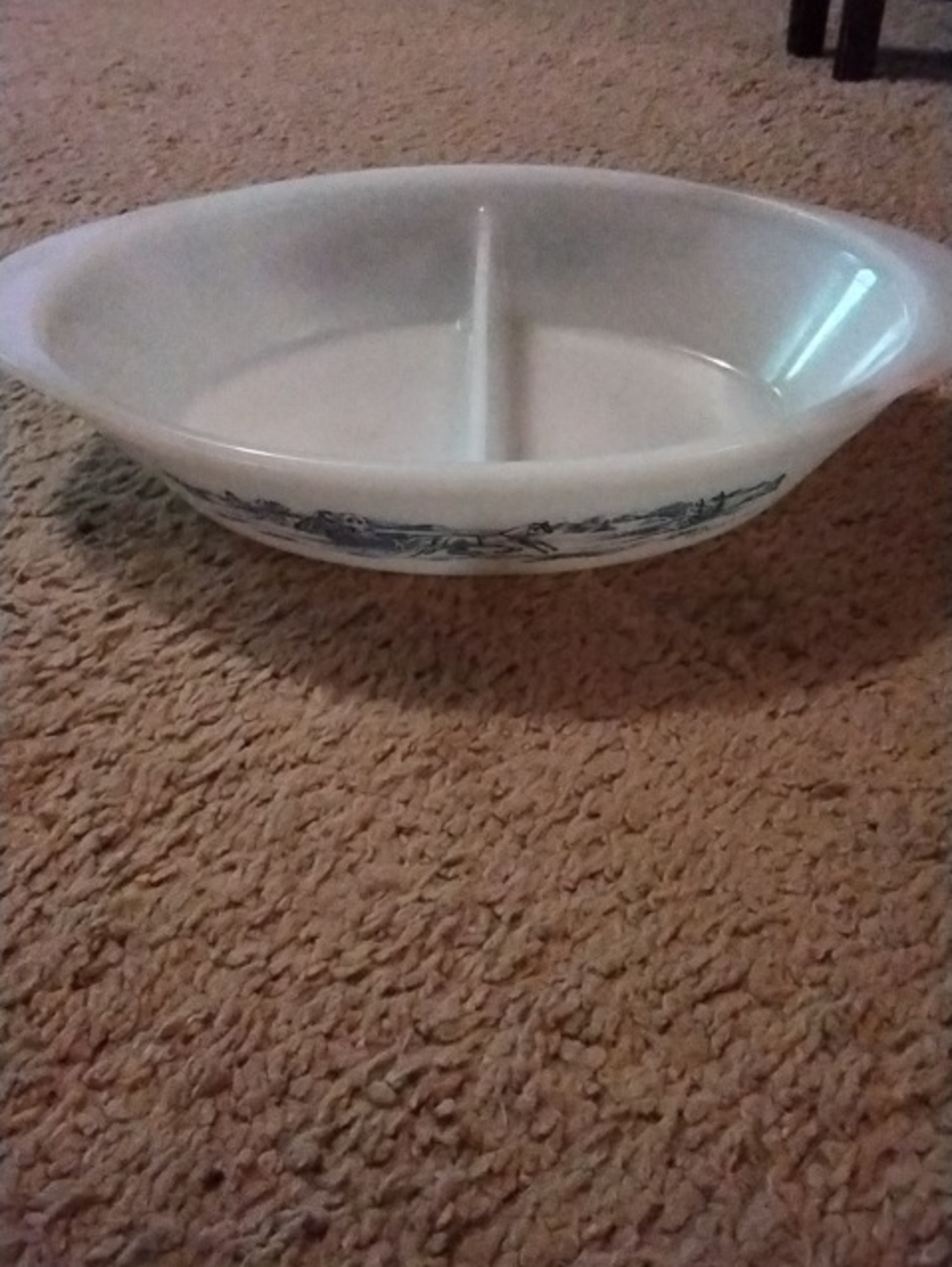 Glasbake White Divided Serving Dish with Currier And Ives Farm Scene
